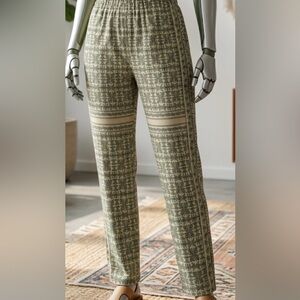 Umgee Bohemian Green Khaki Printed Casual Lounge Pants Size Large NWT